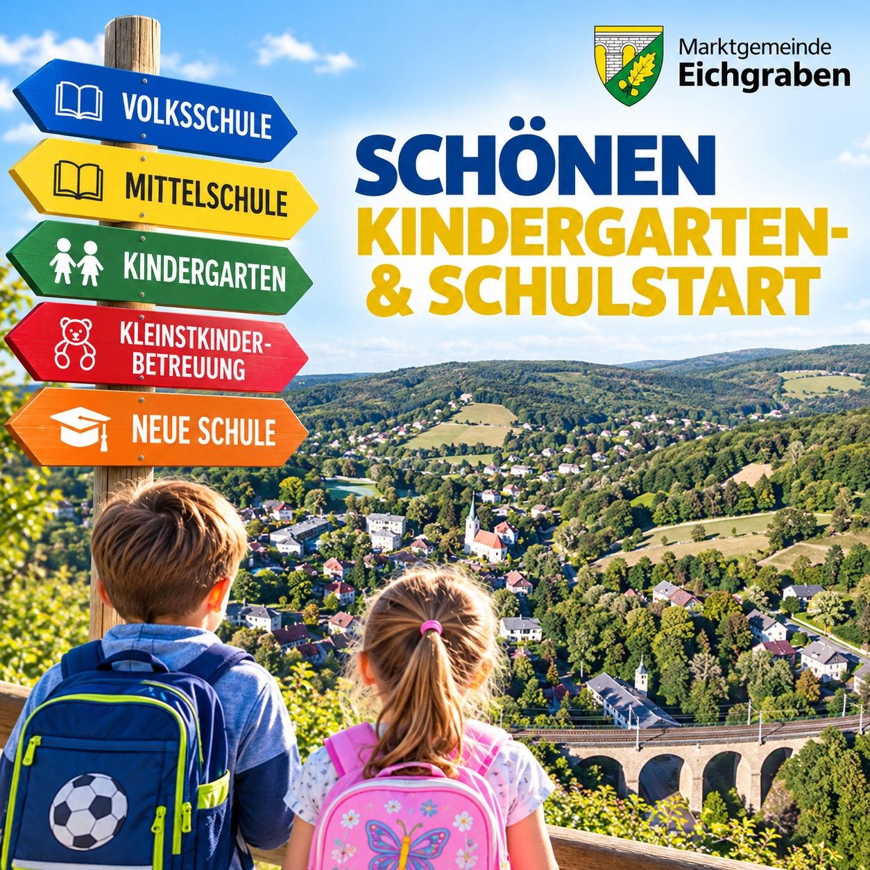 Zwei Kinder mit Rucksäcken blicken über eine Stadt mit Schildern für Kindergarten und Schule.