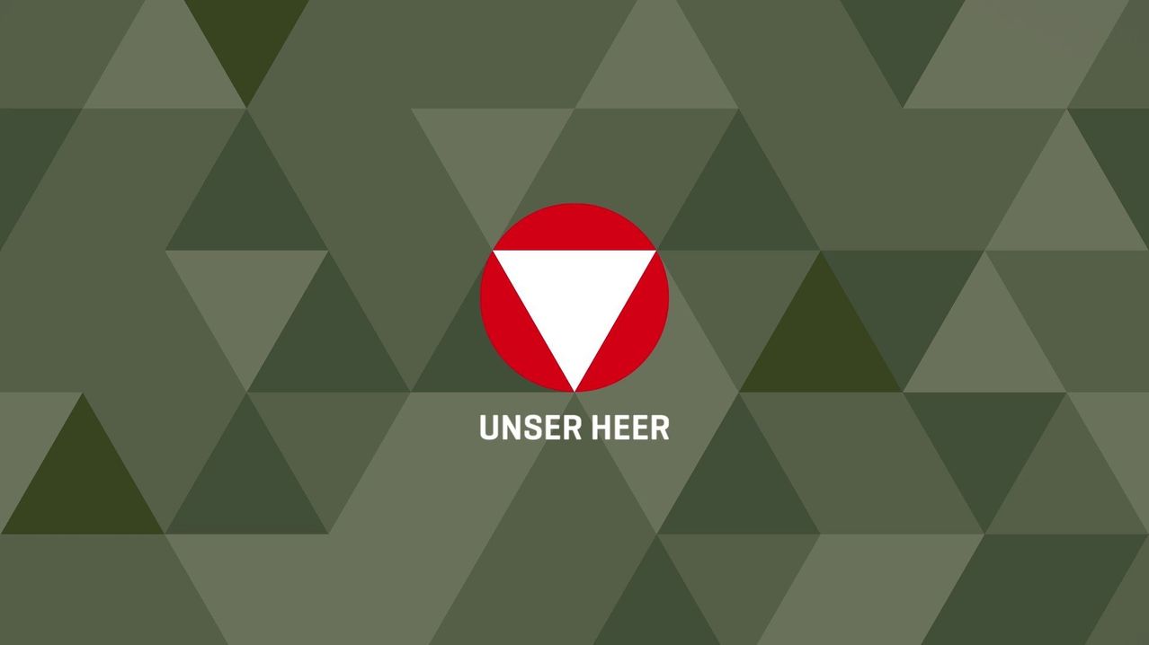 Ein grüner geometrischer Hintergrund zeigt einen roten Kreis mit einem weißen Dreieck darin. Unten steht der Text 'UNSER HEER' in weiß geschrieben.