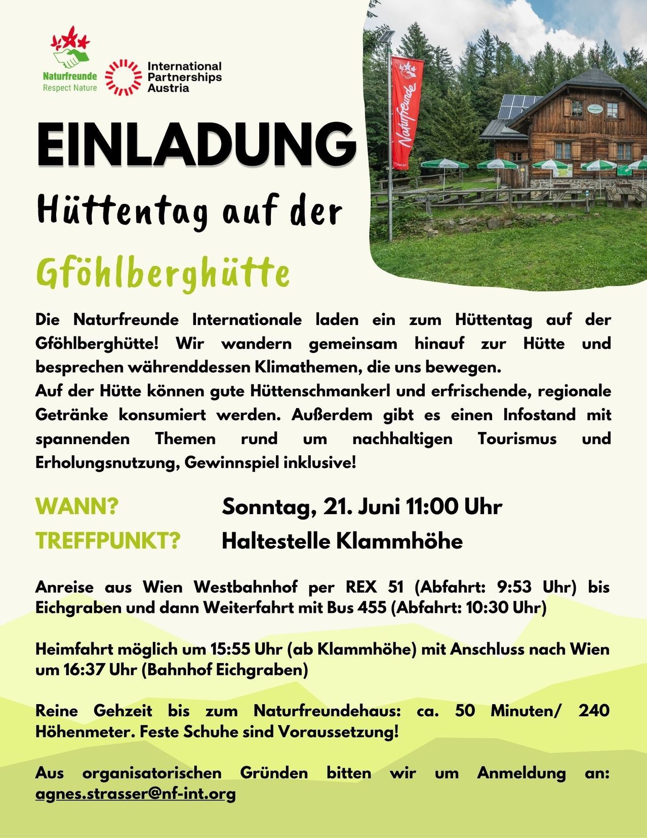 Einladung zum Hüttentag auf der Gfohlberghütte. Mit Zug, Bus und zu Fuß zur Hütte. Genuss von Snacks, Getränken und Spielen. Abfahrt ab 11:00 Uhr von Wien.
