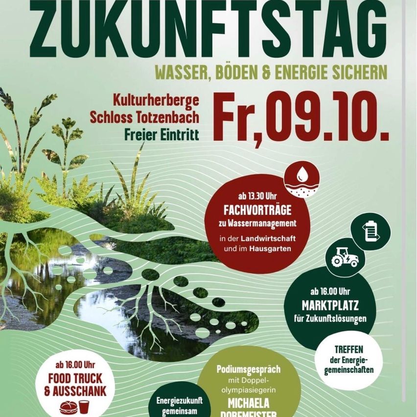 Ein Plakat für die Veranstaltung Elsbeere Wienerwald Zukunftstag. Es zeigt ein Gewässer mit Pflanzen und Bäumen, einen Food Truck und eine Podiumsdiskussion. Der Fokus der Veranstaltung liegt auf Wasser-, Boden- und Energiesicherheit.