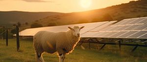 Ein Schaf steht in einem Feld mit Solarpanelen im Hintergrund bei Sonnenuntergang.