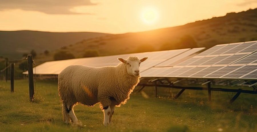 Ein Schaf steht in einem Feld mit Solarpanelen im Hintergrund bei Sonnenuntergang.