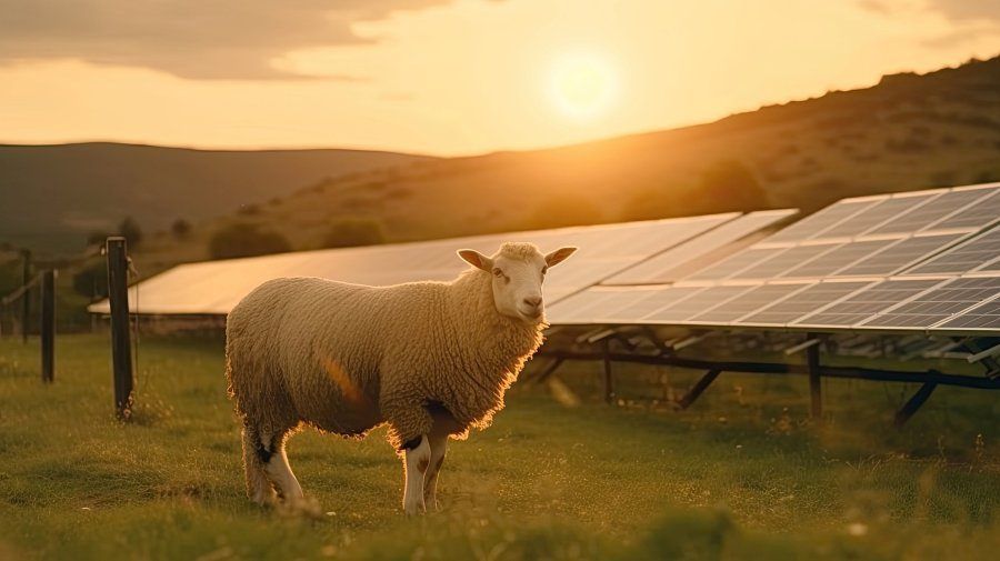 Ein Schaf steht in einem Feld mit Solarpanelen im Hintergrund bei Sonnenuntergang.