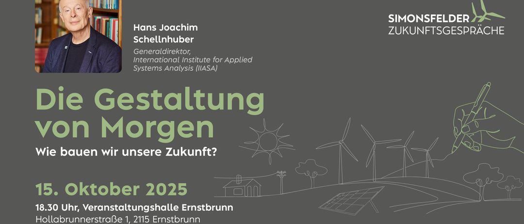 Hans Joachim Schellnhuber, Generaldirektor des Internationalen Instituts für Angewandte Systemanalyse, diskutiert unsere Zukunft. Illustration zeigt Solarmodule, Windräder und ein Haus. Datum: 1, 2025. Ort: Ernstbrunn.