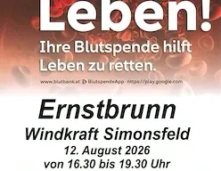 Ein Plakat, das eine Blutspende-Veranstaltung in Windkraft Simonsfeld am 12. August 2026 von 16:30 bis 19:30 Uhr bewirbt. Das Plakat enthält den Text 'Rette Leben!' und einen Link zur Webseite für weitere Informationen.