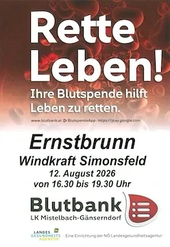 Ein Plakat, das eine Blutspende-Veranstaltung in Windkraft Simonsfeld am 12. August 2026 von 16:30 bis 19:30 Uhr bewirbt. Das Plakat enthält den Text 'Rette Leben!' und einen Link zur Webseite für weitere Informationen.