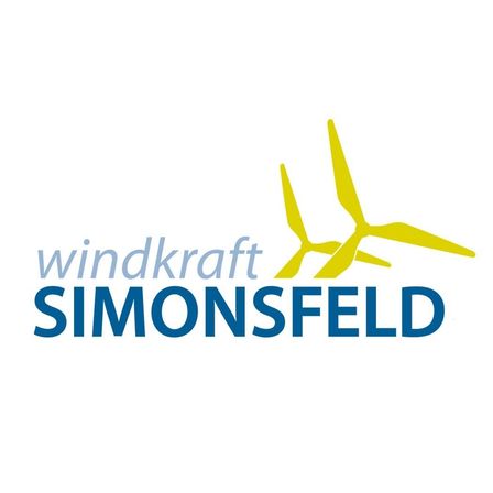Das Logo von Windkraft Simonsfeld zeigt eine stilisierte gelbe Windturbine. Darunter stehen die Worte 'Windkraft Simonsfeld' in fetten blauen Buchstaben. Der Hintergrund ist weiß.