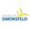 Windkraft Simonsfeld AG-Logo. Das Logo von Windkraft Simonsfeld zeigt eine stilisierte gelbe Windturbine. Darunter stehen die Worte 'Windkraft Simonsfeld' in fetten blauen Buchstaben. Der Hintergrund ist weiß.