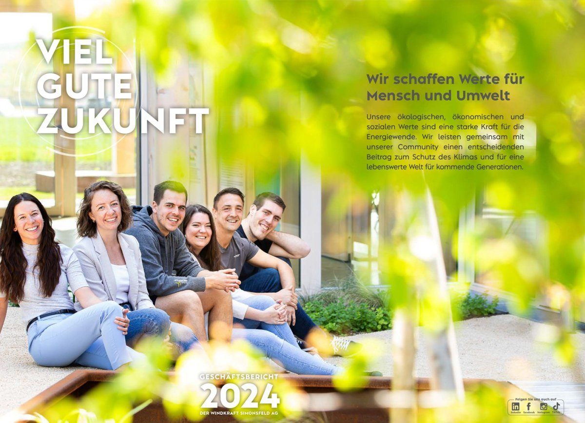 Ein Bild von lächelnden Personen, die auf einer Bank vor einem Gebäude sitzen. Der Text im Bild ist auf Deutsch.