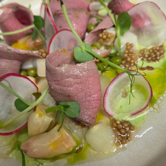 Ein Gericht mit geschnittenem Rindfleisch, grünen Bohnen, Radieschen und einer grünen Sauce, mit Blättern garniert, auf einem weißen Teller serviert.