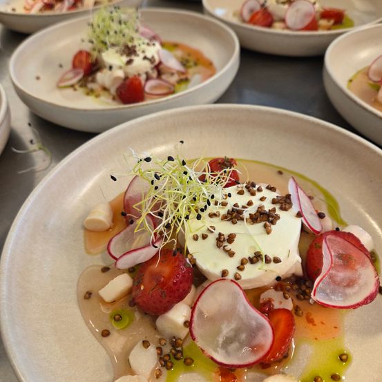 Ein Teller mit cremigem weißem Käse, belegt mit Radieschen, Erdbeeren und Samen. Das Gericht ist mit grünen Kräutern garniert und von einer dünnen Saucenschicht umgeben.