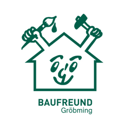 Ein Logo, das ein Haus mit einem lächelnden Gesicht zeigt, das einen Pinsel und einen Hammer hält, und die Worte 'BAUFFREUND Grobming' darunter.