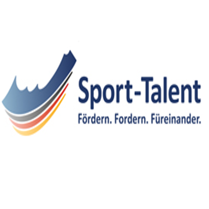 Das Logo für Sport-Talent zeigt ein blau-weißes Wellendesign mit dem Text 'Sport-Talent' und 'Fördern. Fördern. Füreinander.' in Blau.