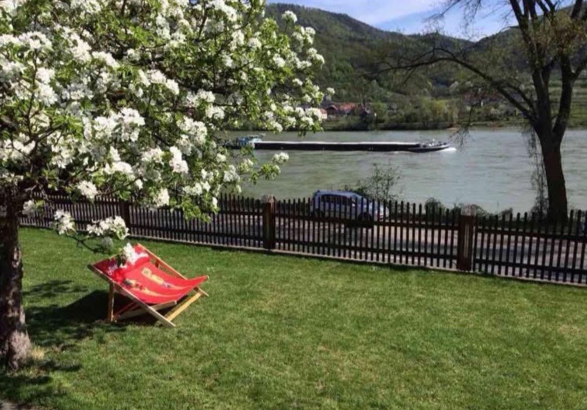 Ein roter Stuhl steht in einem Rasen neben einem Holzzaun mit Blick auf einen Fluss, auf dem ein Boot und ein Schiff in der Ferne fahren.