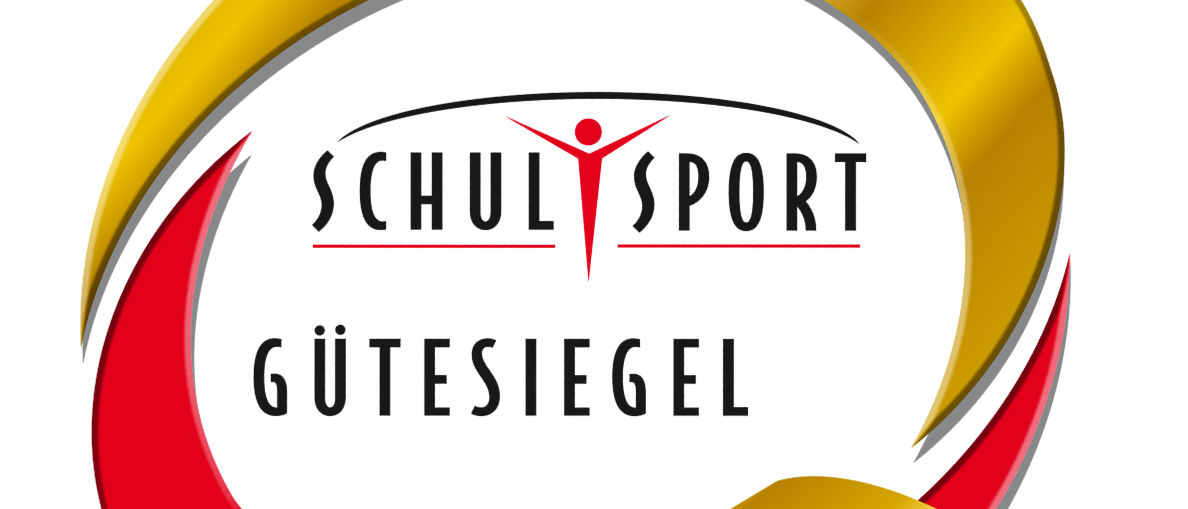 Goldenes Logo für Schulsport Gutesiegel, das die Jahre 2026 bis 2029 anzeigt. Das Design umfasst ein rotes und weißes Band sowie ein goldenes Band.