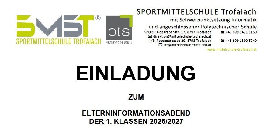 Plakat für die Sportmittelschule Trofaiach mit Einladung zum Elterninformationsabend für die 1. Klasse 2026/2027. Das Plakat enthält Kontaktdaten und Adressen.