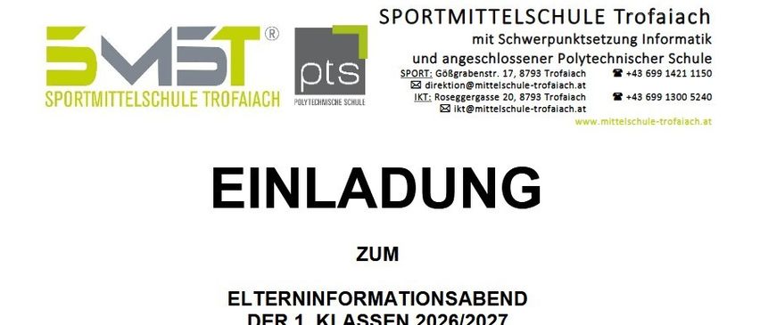 Plakat für die Sportmittelschule Trofaiach mit Einladung zum Elterninformationsabend für die 1. Klasse 2026/2027. Das Plakat enthält Kontaktdaten und Adressen.