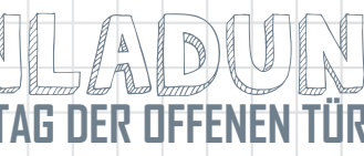 Einladung zum Tag der offenen Tür in deutscher Sprache, mit einer fetten, strukturierten Schrift auf einem weißen Rasterhintergrund.