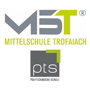 Das Logo der Mittelschule Trofaiach, einer polytechnischen Schule, zeigt ein stilisiertes 'MST' mit einem grünen Pfeil nach rechts und 'pts' darunter. Der Hintergrund ist weiß.