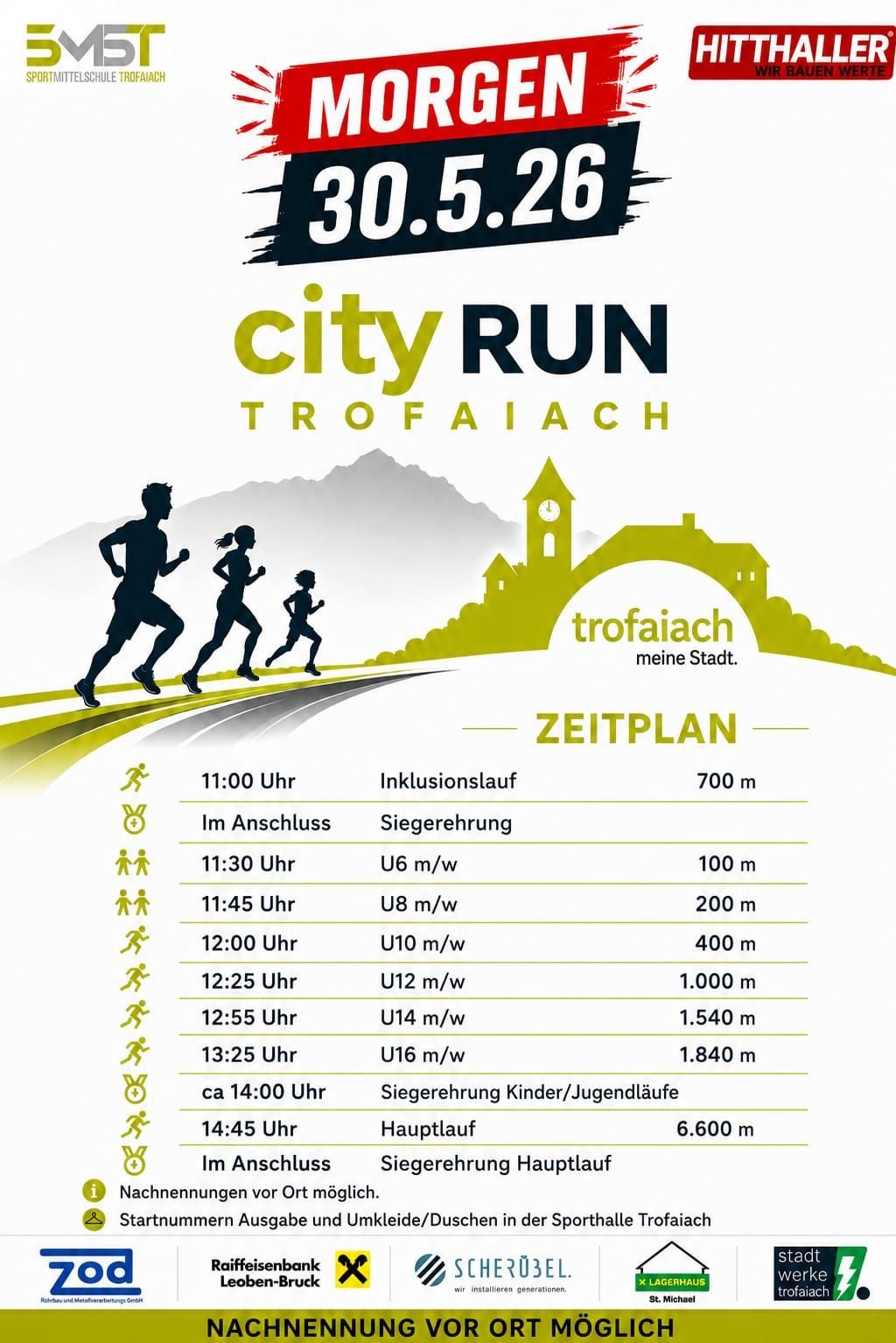 Das Plakat bewirbt einen Stadtlauf in Trofaiach mit einem Zeitplan, einschließlich Start- und Endzeiten für verschiedene Altersgruppen. Es zeigt Silhouetten von Läufern und Wahrzeichen der Stadt.