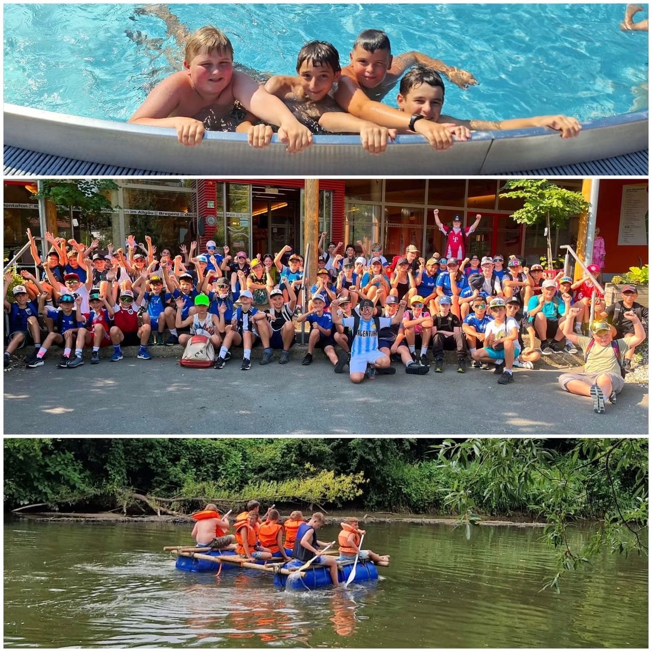 Zwei Bilder: eines von Jungen im Pool, eines von einer Gruppe von Kindern am Flussufer.