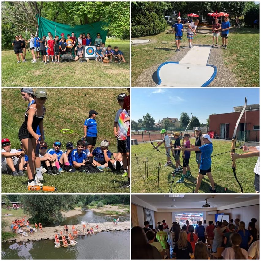 Vier Collage-Fotos einer Gruppe von Menschen, die verschiedene Outdoor-Aktivitäten wie Bogenschießen, Minigolf und eine Wasser-Rafting-Veranstaltung ausüben.