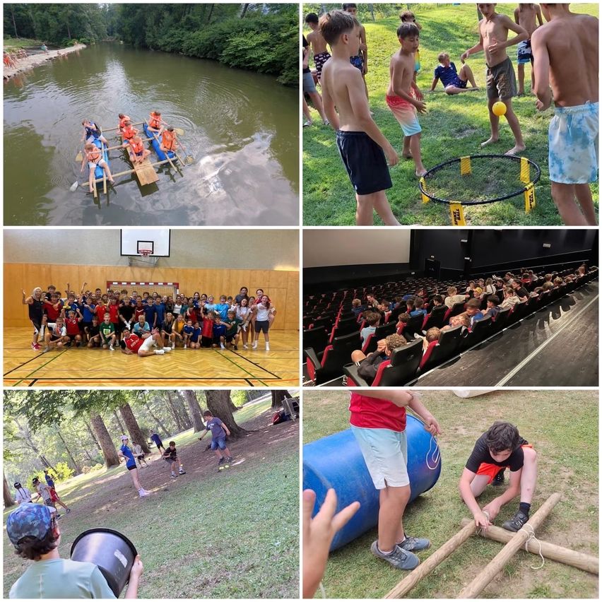 Ein Collage von Kindern beim Spaß haben. In einem Bild treiben Kinder auf einem Fluss. Ein anderes zeigt Kinder bei einem Spiel. In einem weiteren sind Kinder zu sehen, die einen Film im Kino ansehen. Kinder sind auch beim Spielen in einer Turnhalle und einem Park zu sehen.