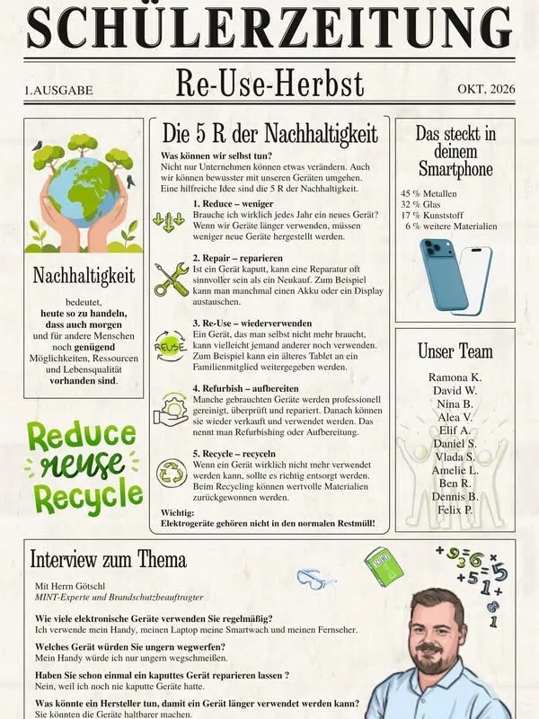 Eine Seite aus einer deutschen Zeitung mit dem Titel 'Schulerzeitung Re-Use-Herbst'. Es enthält einen Artikel über Nachhaltigkeit und die fünf R's: Reduzieren, Reparieren, Wiederverwenden, Aufbereiten und Recyceln. Der Artikel beinhaltet ein Diagramm einer Erde und Hände, die sie halten, was den Umweltschutz symbolisiert.