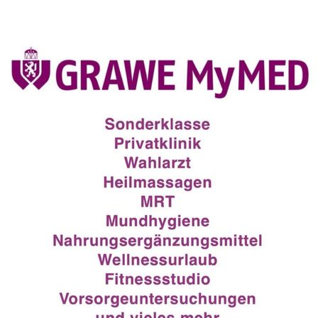 Das Bild zeigt ein Logo und eine Liste der Dienstleistungen einer Privatklinik namens GRAWE MyMED. Die angebotenen Dienstleistungen umfassen Sonderklassen, Privatklinik, Wahlarzt, Heilmassagen, MRT, Mundhygiene, Nahrungsergänzungsmittel, Wellnessurlaub, Fitnessstudio und Vorsorgeuntersuchungen.