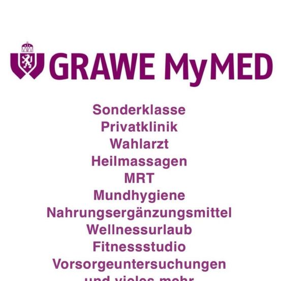 Das Bild zeigt ein Logo und eine Liste der Dienstleistungen einer Privatklinik namens GRAWE MyMED. Die angebotenen Dienstleistungen umfassen Sonderklassen, Privatklinik, Wahlarzt, Heilmassagen, MRT, Mundhygiene, Nahrungsergänzungsmittel, Wellnessurlaub, Fitnessstudio und Vorsorgeuntersuchungen.