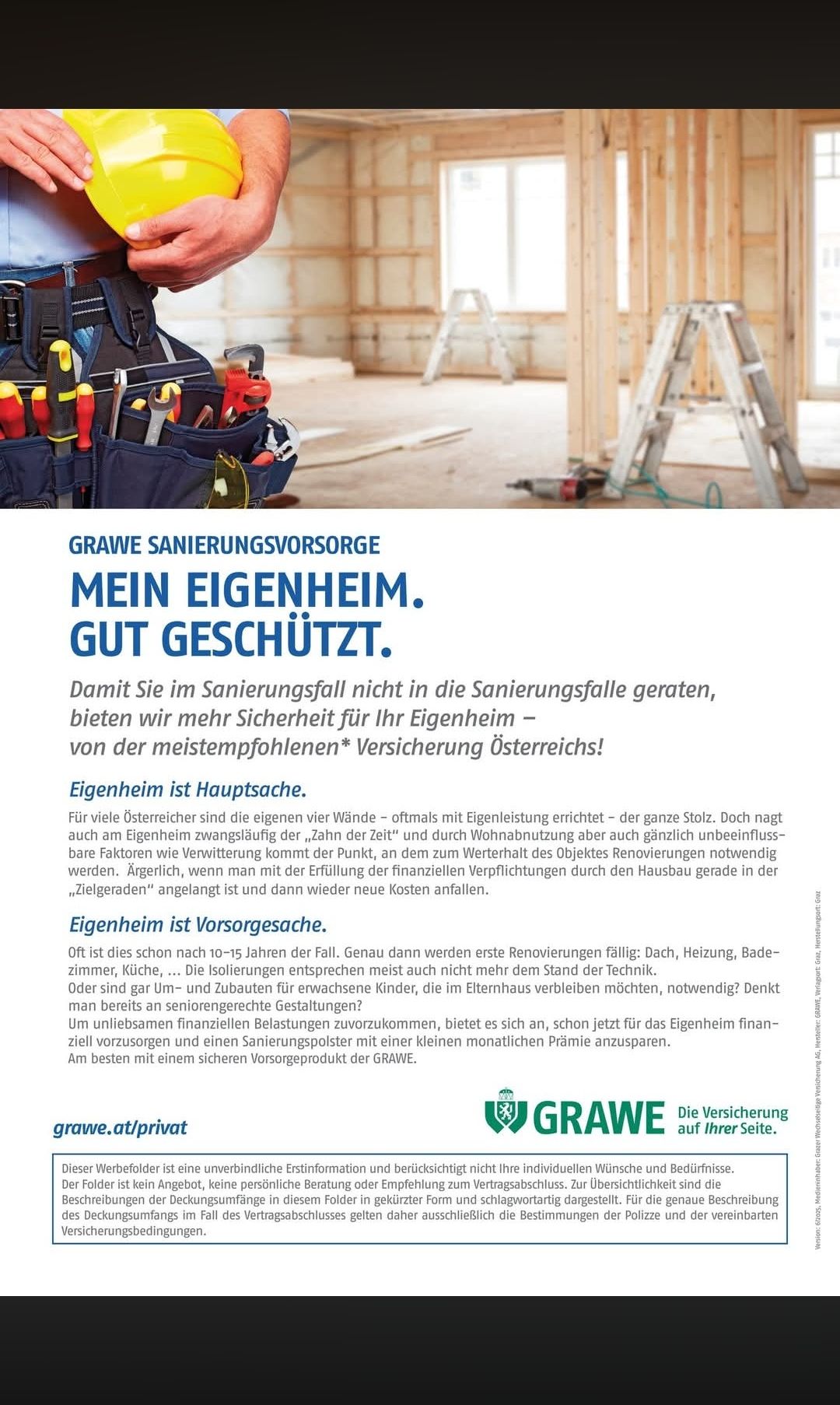 Eine Anzeige für GRAWE Renovierungsversicherung zeigt eine Werkzeugkiste und Leitern. Sie betont den Schutz für das Eigenheim und ermutigt zur Ersparnis für Reparaturen und Renovierungen.