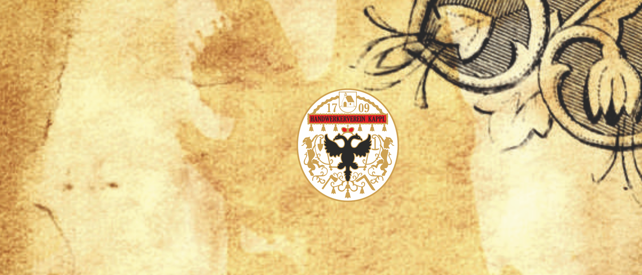 Ein rundes Emblem mit einem schwarzen Adler, goldenen Akzenten und dem Text '17 09 HANDWERKERVEREIN KAPPL' auf einem verwitterten Hintergrund.