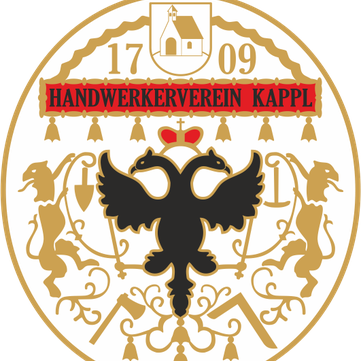 Ein kreisförmiges Emblem mit einem schwarzen Adler mit ausgebreiteten Flügeln, flankiert von zwei goldenen Löwen, einem Hauswappen darüber und dem Text '17 09 HANDWERKERVEREIN KAPPL' in Rot.