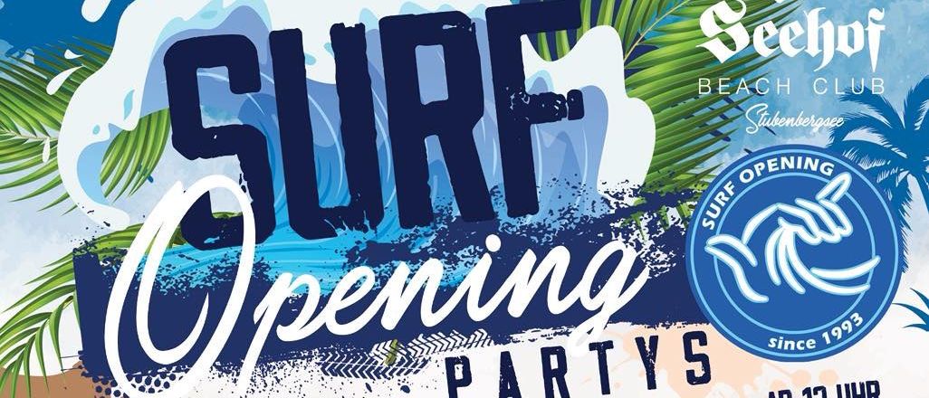 Plakat für Surf-Eröffnungspartys vom 30. April bis 4. Mai 2025. Veranstaltungen umfassen eine Surf-Eröffnungsparty mit DJ Marex, eine Freestyle-Nachtshow mit DJ M-Craft und klassische Strandstimmung.