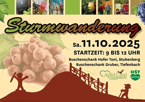 Plakat für die Sturmwanderung-Veranstaltung am 11. Oktober 2025. Zeit: 9 bis 12 Uhr. Standorte: Hofer Tonis Buschbar und Grubers Buschbar. Mit Bildern von Menschen und Trauben.