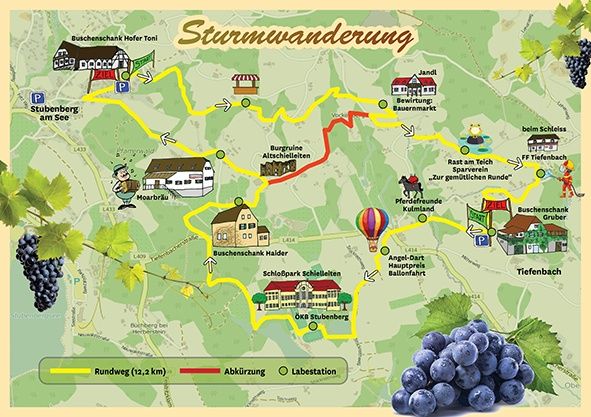 Eine Karte mit dem Titel 'Sturmwanderung' zeigt eine Wanderroute mit verschiedenen Haltepunkten, darunter ein Heißluftballon, ein Weinkeller und ein Weinberg. Die Route ist 12,2 km lang und beinhaltet eine Abkürzung.