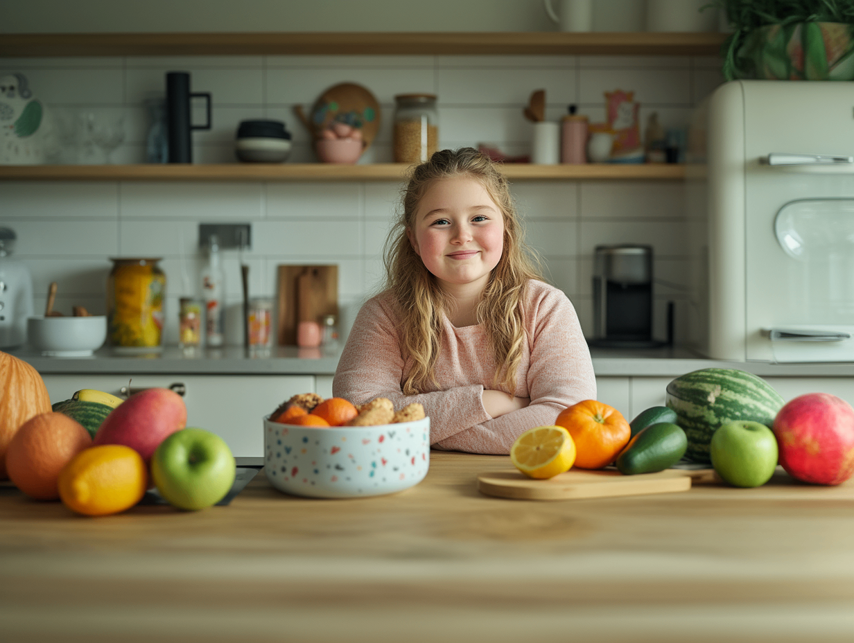 Ein junges Mädchen sitzt lächelnd mit verschränkten Armen an einem Küchentisch. Vor ihr steht eine Schüssel mit Orangen, Äpfeln und Gurken. Hinter ihr sind verschiedene Küchenutensilien auf Regalen angeordnet.