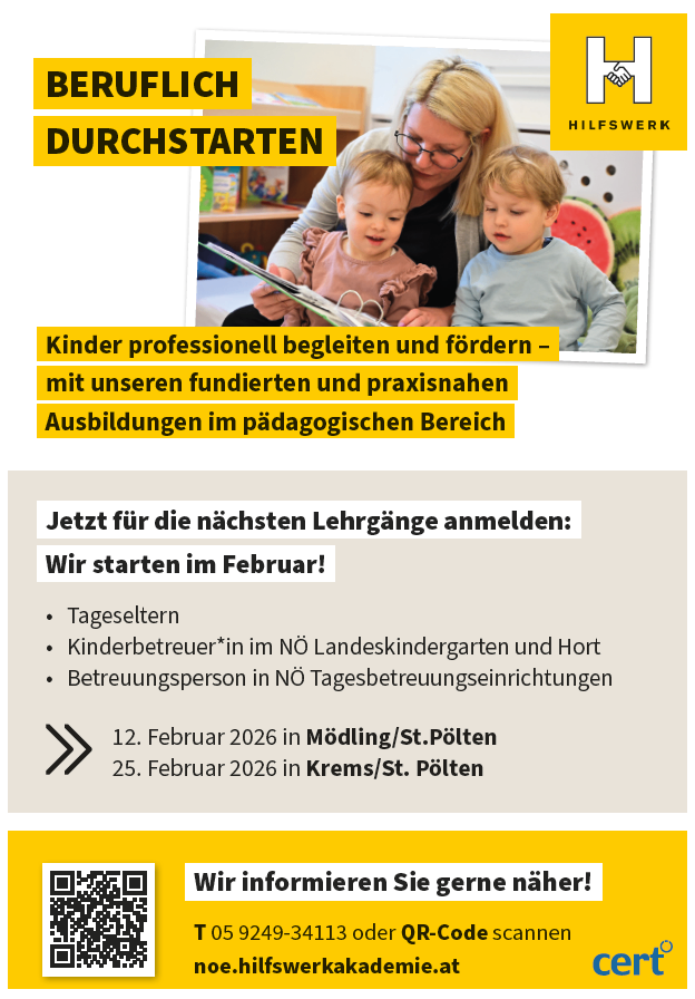 Werbung für professionelle Kinderbetreuung und Anleitung. Kurse beginnen im Februar. Details umfassen Termine und Orte in Mödling und Krems, St. Pölten. QR-Code für weitere Informationen.