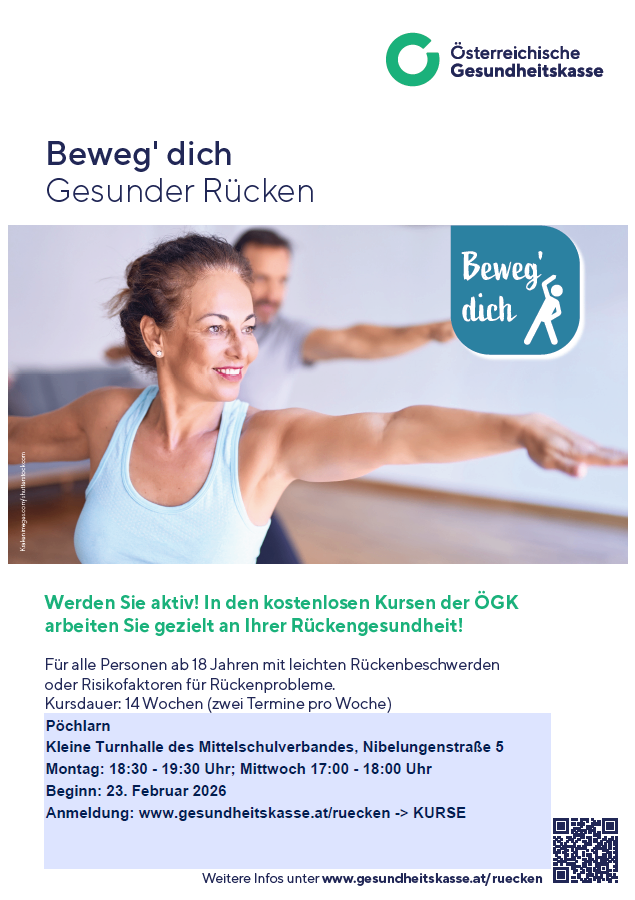 Eine Anzeige für einen Rückengesundheitskurs zeigt eine Frau beim Training, mit Text über kostenlose Kurse für Menschen über 18 mit Rückenproblemen. Die Kurse finden montags und mittwochs statt und beginnen am 23. Februar 2026.