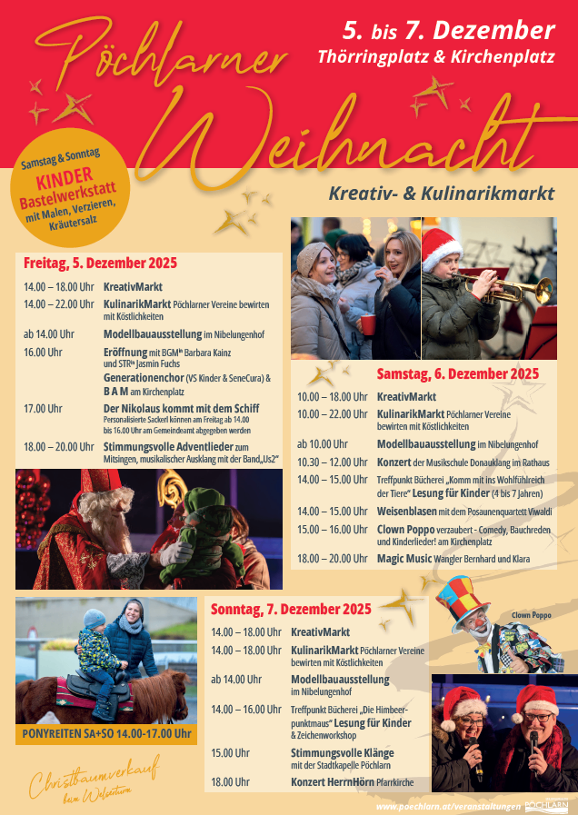 Weihnachtsmarktplakat mit Terminen und Aktivitäten. Freitag, 5. Dezember 2025: KreativMarkt, KulinarikMarkt, Modellbauausstellung, musikalische Aufführung. Samstag, 6. Dezember 2025: KreativMarkt, KulinarikMarkt, Modellbauausstellung, Konzert, magische Musik. Sonntag, 7. Dezember 2025: KreativMarkt, KulinarikMarkt, Modellbauausstellung, Leseworkshop.