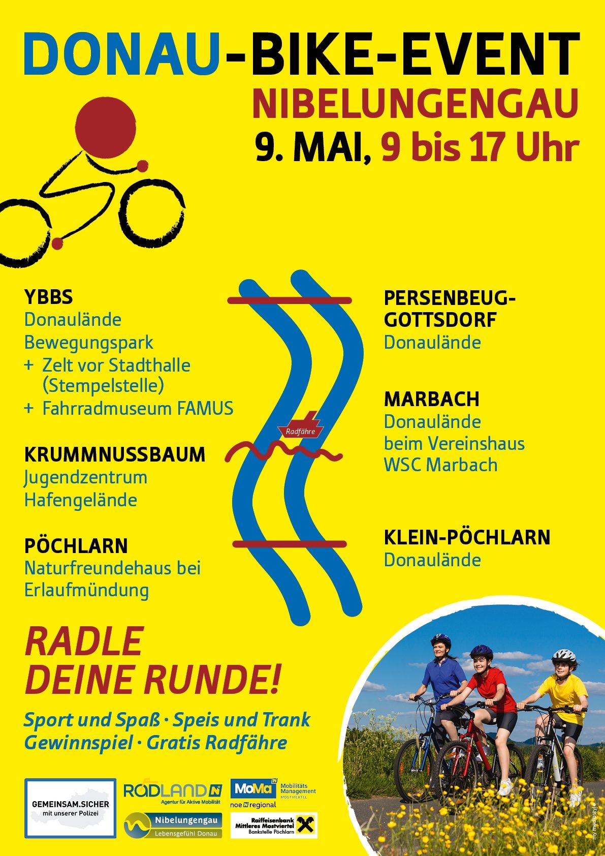 Flyer für eine Radtour-Veranstaltung in Deutschland am 9. Mai. Es beinhaltet Routen und Attraktionen wie Donaulaende, YBBS und das Fahrradmuseum.