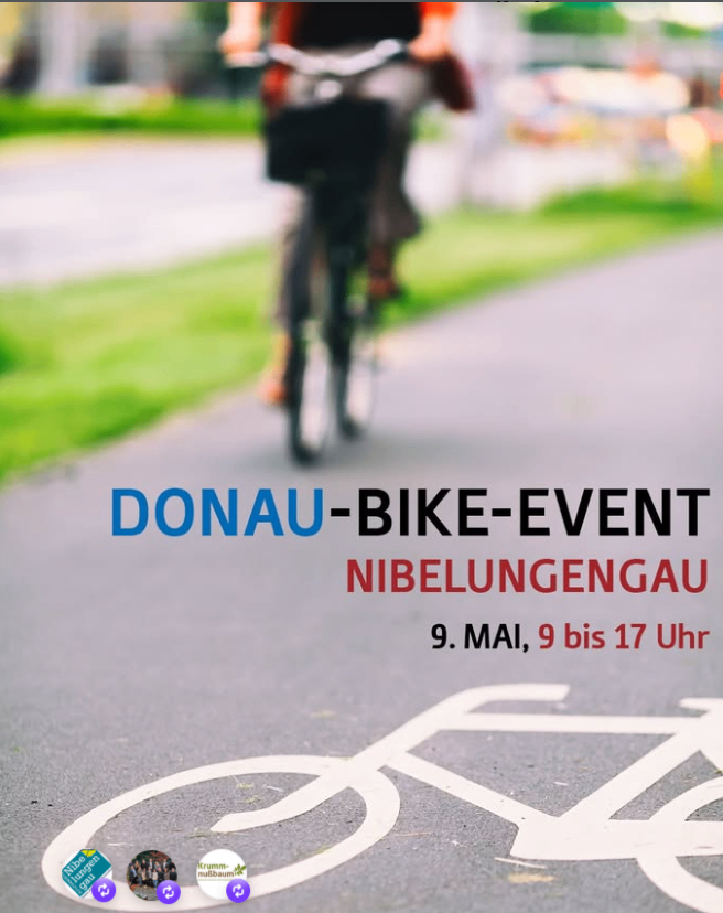 Ein Radfahrer fährt auf einem Gehweg. Der Text lautet: 'DONAU-BIKE-EVENT Nibelungengau 9. Mai, 9 bis 17 Uhr.' Unten ist ein Fahrrad abgebildet.