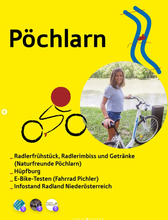 Ein Poster bewirbt eine Radveranstaltung in Pöchlarn. Es zeigt eine lächelnde Frau mit einem Fahrrad, einem See im Hintergrund und Symbolen für Radlerfrühüostück, Radeln und Getränke. Die Veranstaltung bietet ein Radlerfrühüostück, eine Radroute, Getränke, E-Bike-Tests und eine Radkarte.