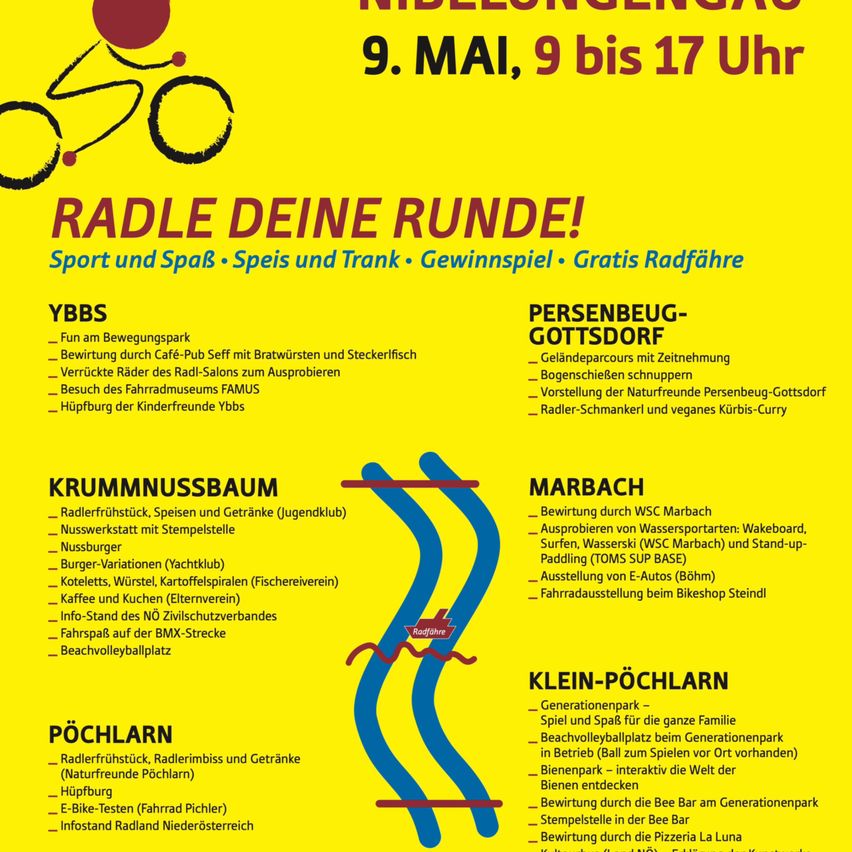 Plakat für eine Fahrradveranstaltung am 9. Mai von 9 bis 17 Uhr. Bietet Aktivitäten wie Sport, Essen, Preise und kostenlose Fahrradfahrten. Aktivitäten umfassen einen Bewegungspark, Café, Museumsbesuche und Fahrradtouren. Es gibt auch einen Snack-Bar, Spielplatz und verschiedene fahrradbezogene Aktivitäten.