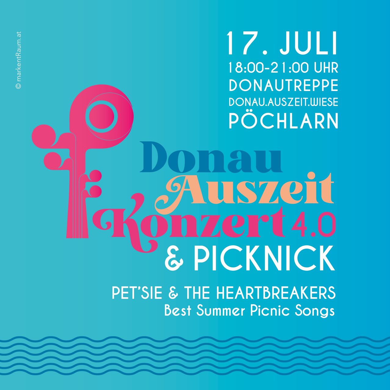 Plakat für Donau Auszeit Konzert 4.0, mit einer rosa Violine und Wellen, mit Veranstaltungsdetails und Bandname.