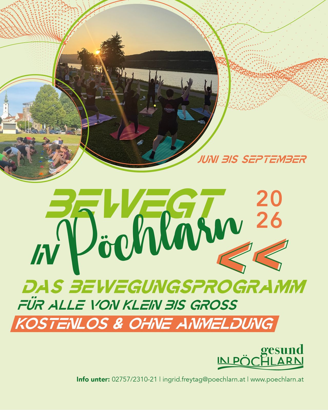 Werbeplakat für ein kostenloses Outdoor-Yoga-Programm in Pöchlarn von Juni bis September. Es zeigt eine Gruppe von Menschen, die Yoga auf einer Grasfläche mit einem See und einer Stadt im Hintergrund machen.