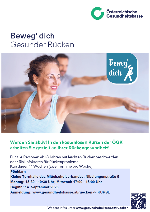 Eine Frau in einem blauen Tanktop streckt lächelnd ihre Arme, während ein Mann im Hintergrund sich streckt. Das Bild bewirbt einen kostenlosen Rückengesundheitskurs der ÖGK.