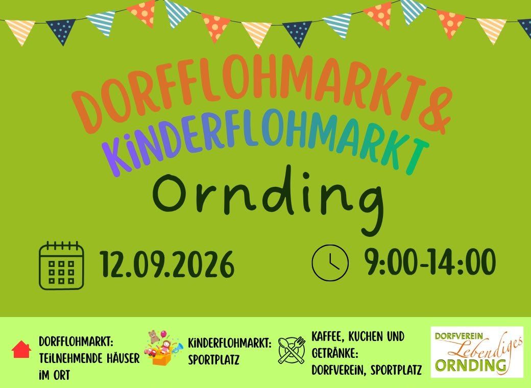 Poster for Dorfflohmarkt & Kinderflohmarkt on 12.09.2026 from 9:00 to 14:00 at Sportplatz with coffee, kitchen, and drinks available.