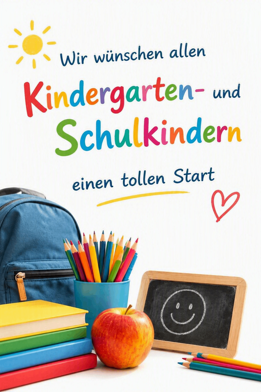 A colorful image promoting kindergarten and school for children, featuring a backpack, colorful pencils, an apple, and a blackboard with a smiley face.