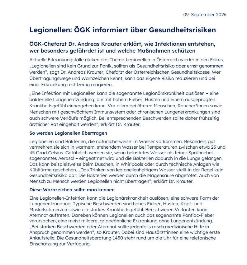 A medical article about Legionnaires' disease, discussing its transmission, risks, and symptoms, with a focus on prevention and treatment.
